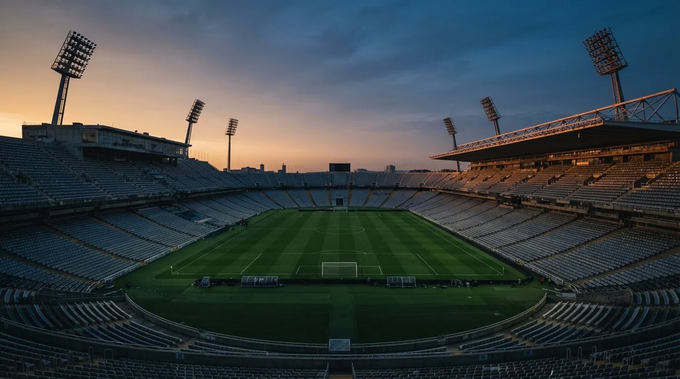 An empty football stadium with floodlight masts at dusk