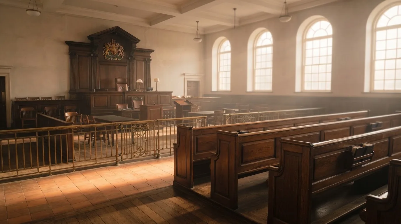 An empty courtroom with wooden benches in morning light