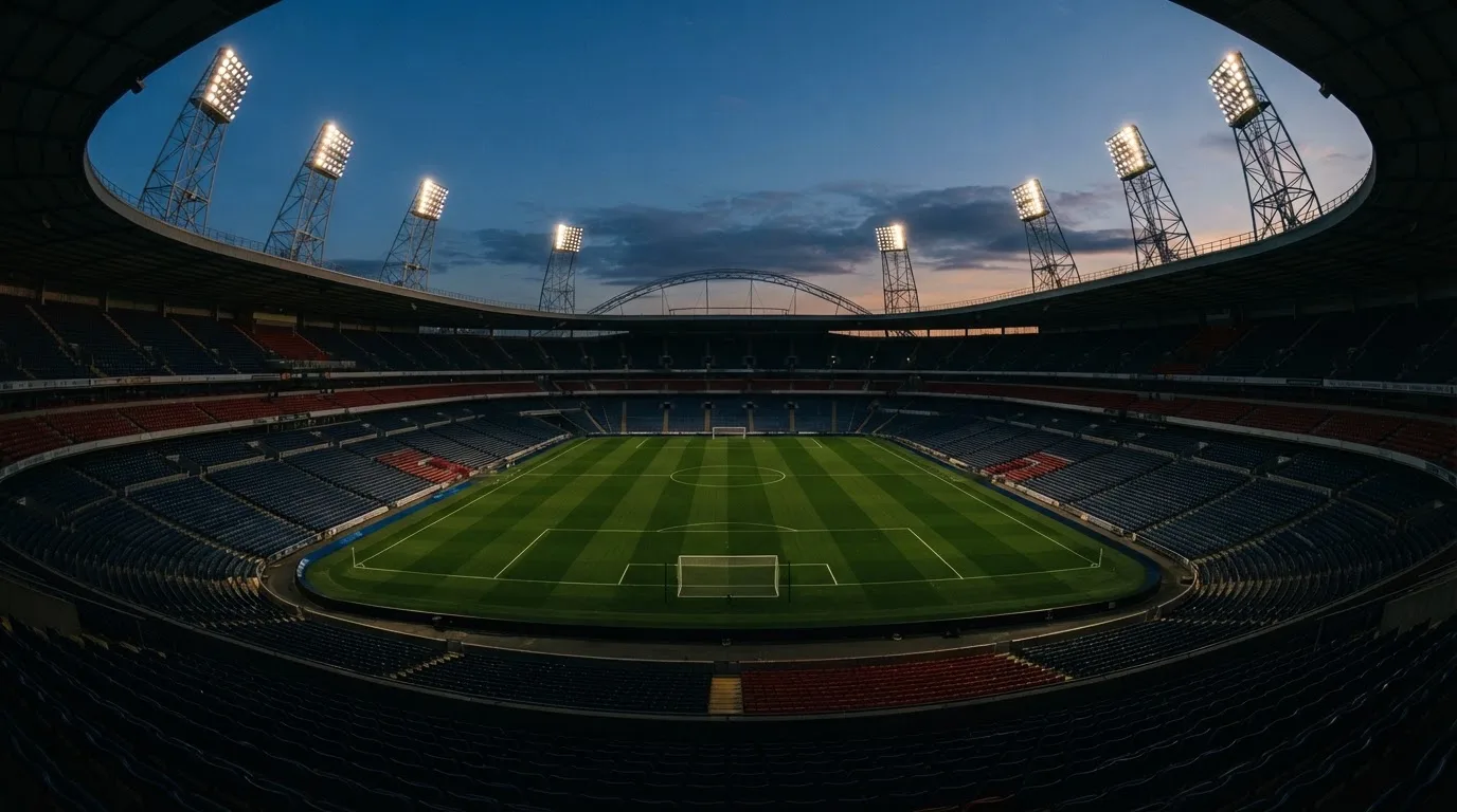 An empty football stadium with floodlight masts at dusk