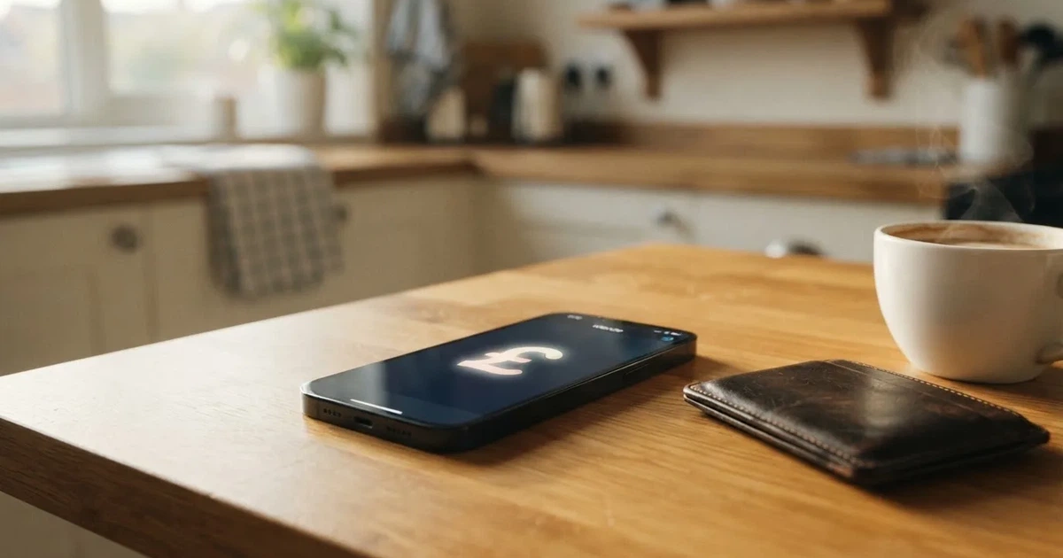 A smartphone on a wooden table beside a wallet and a coffee cup