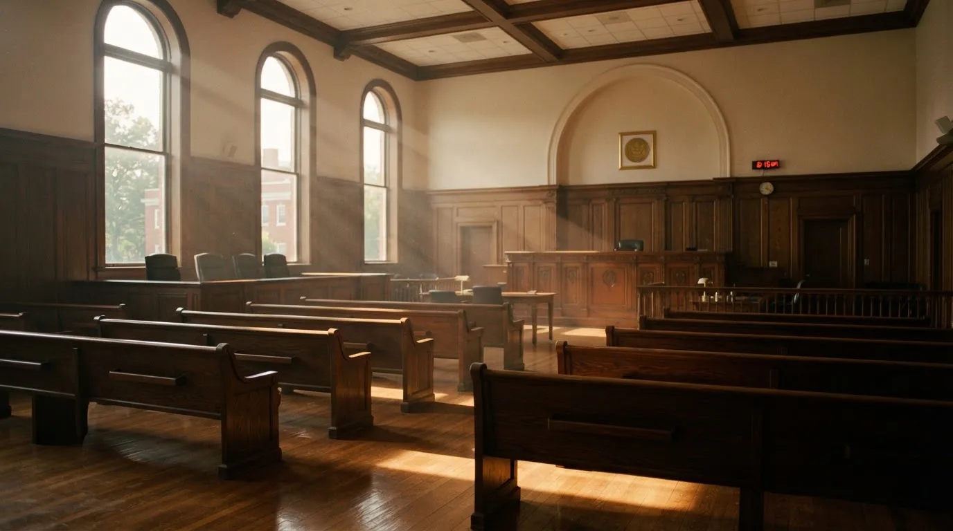 An empty courtroom with wooden benches in morning light