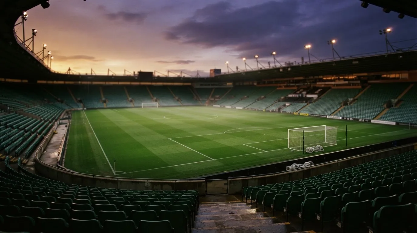 An empty football stadium with floodlight masts at dusk