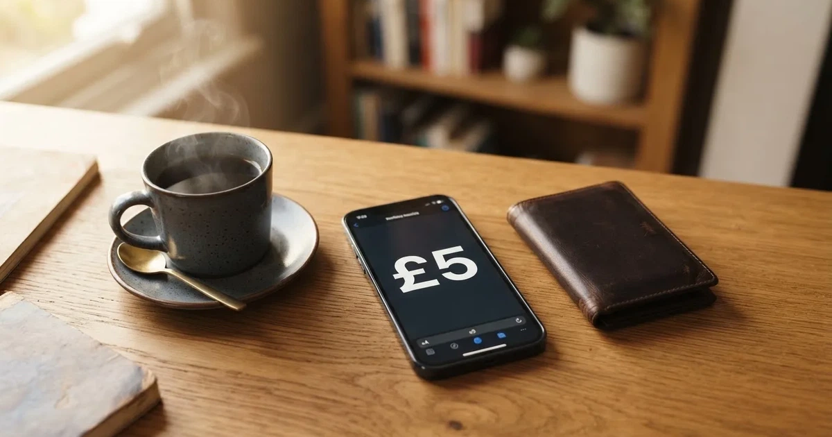 A smartphone on a wooden table beside a wallet and a coffee cup