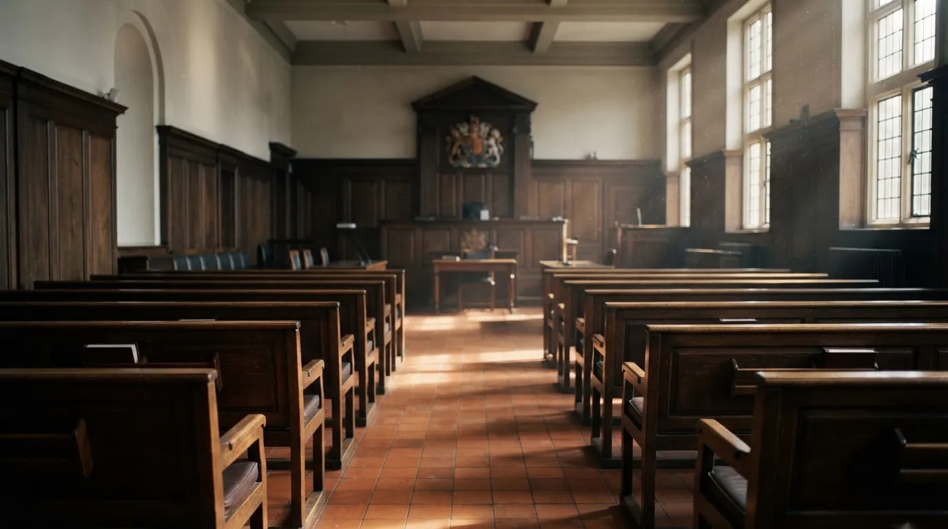 An empty courtroom with wooden benches in morning light