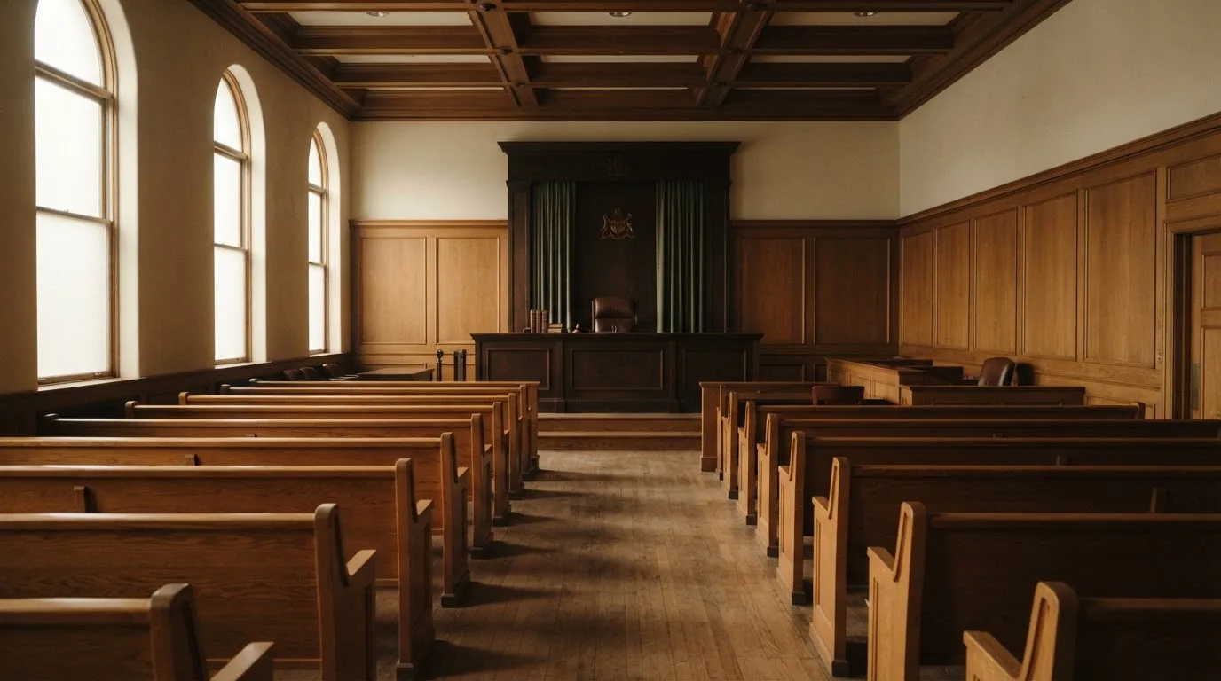 An empty courtroom with wooden benches in morning light