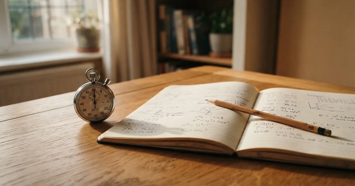 An open notebook with a pencil and a stopwatch on a wooden table