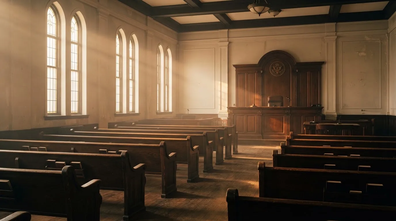 An empty courtroom with wooden benches in morning light