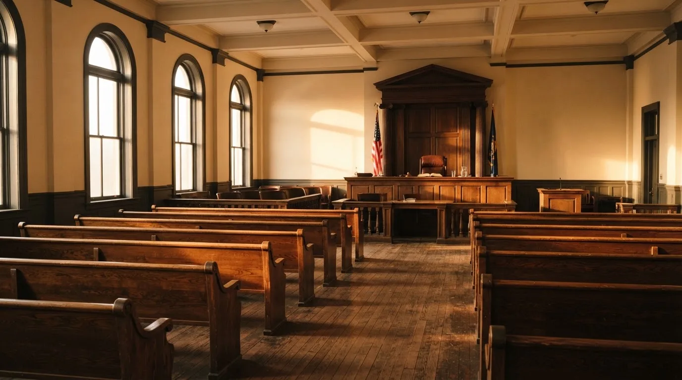 An empty courtroom with wooden benches in morning light