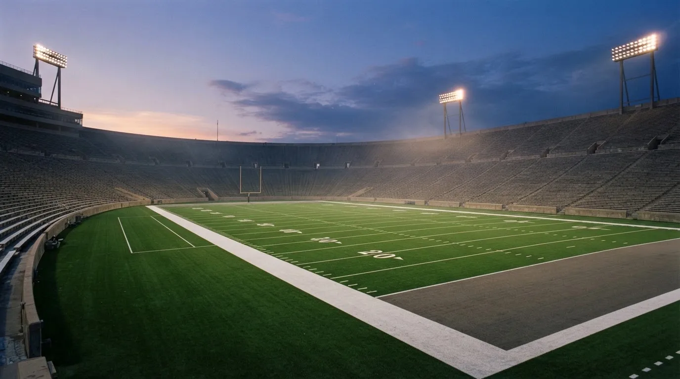 An empty football stadium with floodlight masts at dusk