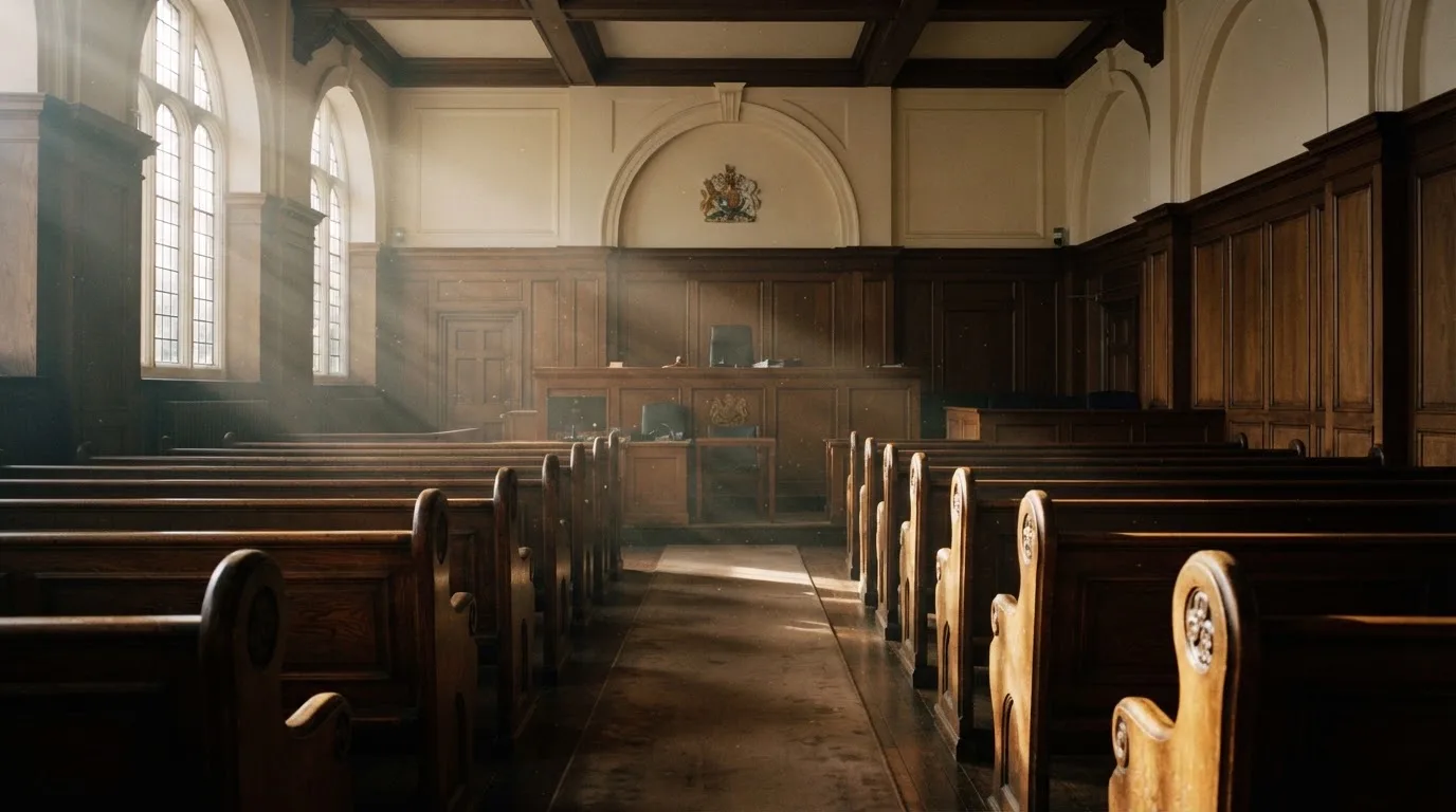An empty courtroom with wooden benches in morning light