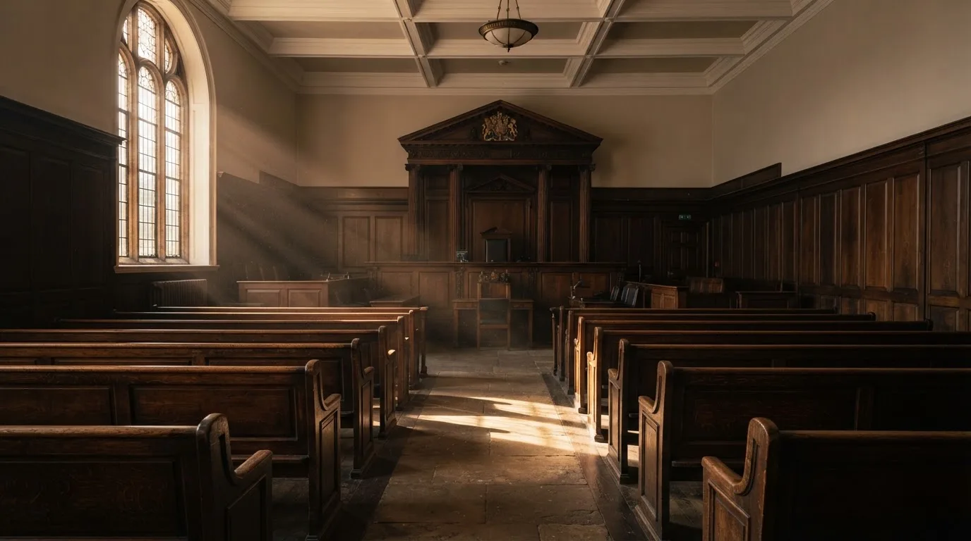 An empty courtroom with wooden benches in morning light