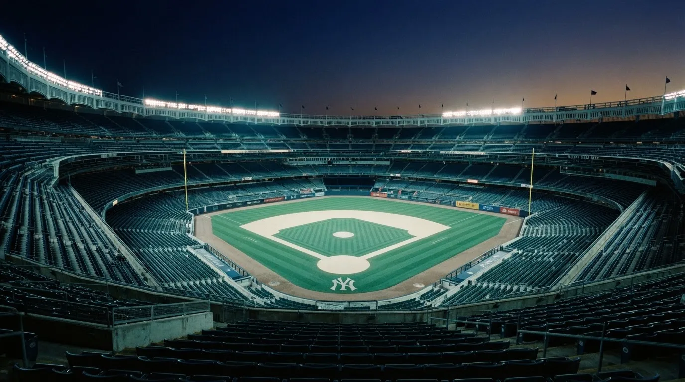 An empty football stadium with floodlight masts at dusk