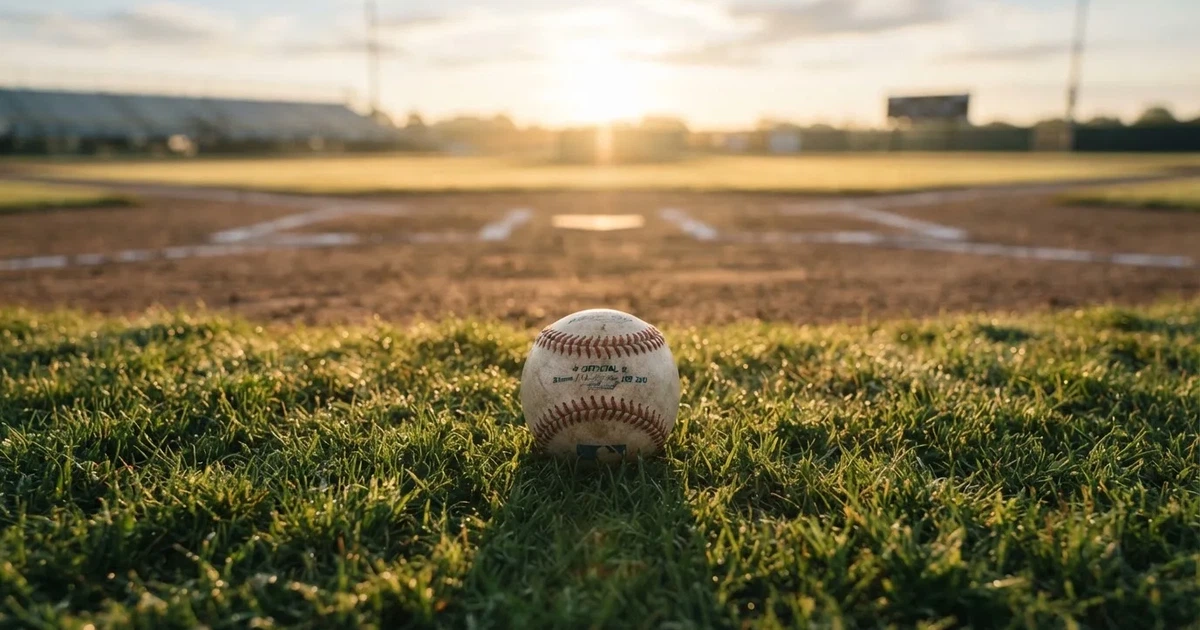 A ball on the centre spot of a grass pitch in morning light