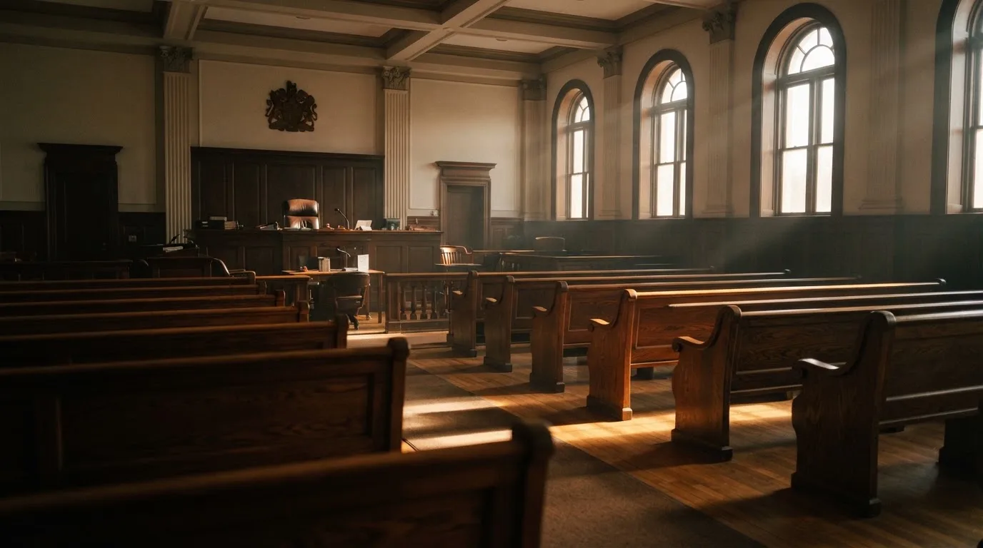 An empty courtroom with wooden benches in morning light