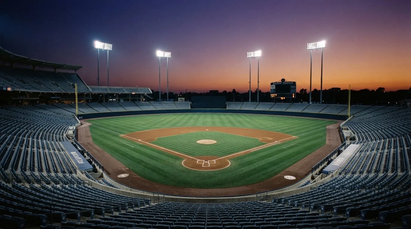 An empty football stadium with floodlight masts at dusk