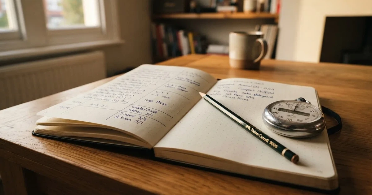 An open notebook with a pencil and a stopwatch on a wooden table
