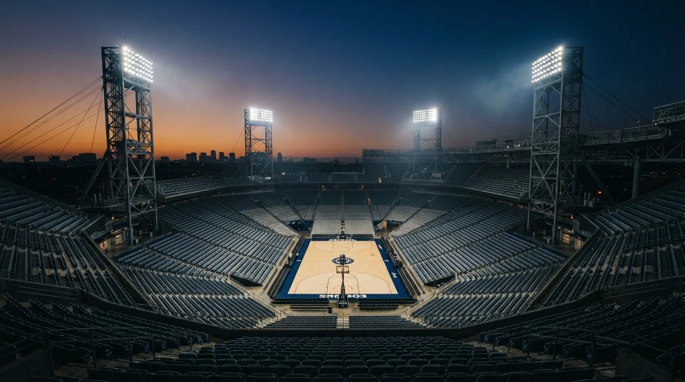 An empty football stadium with floodlight masts at dusk