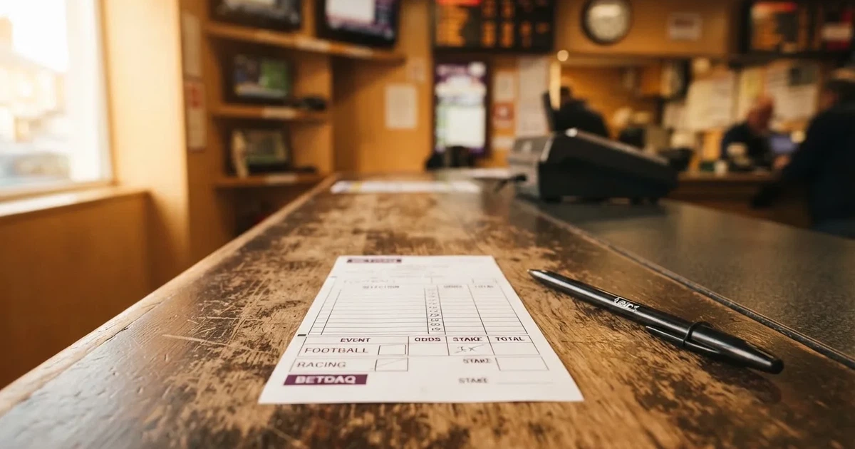 A blank paper betting slip beside a pen on a wooden counter