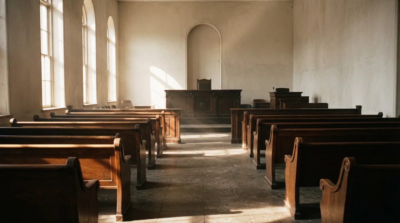 An empty courtroom with wooden benches in morning light