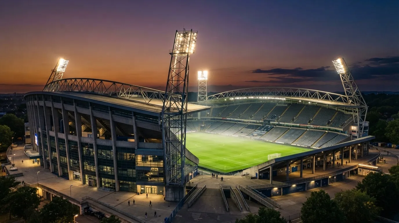 An empty football stadium with floodlight masts at dusk