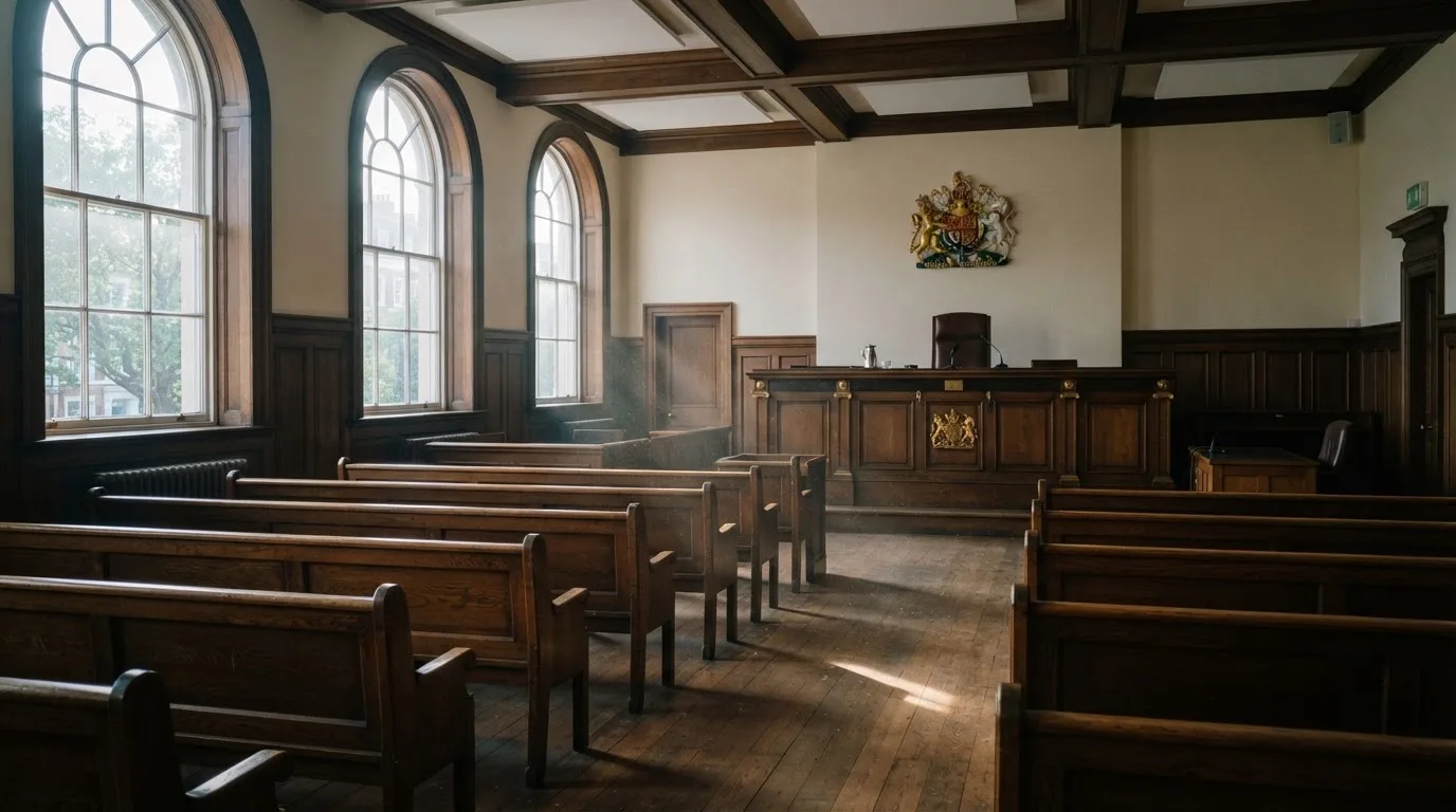 An empty courtroom with wooden benches in morning light