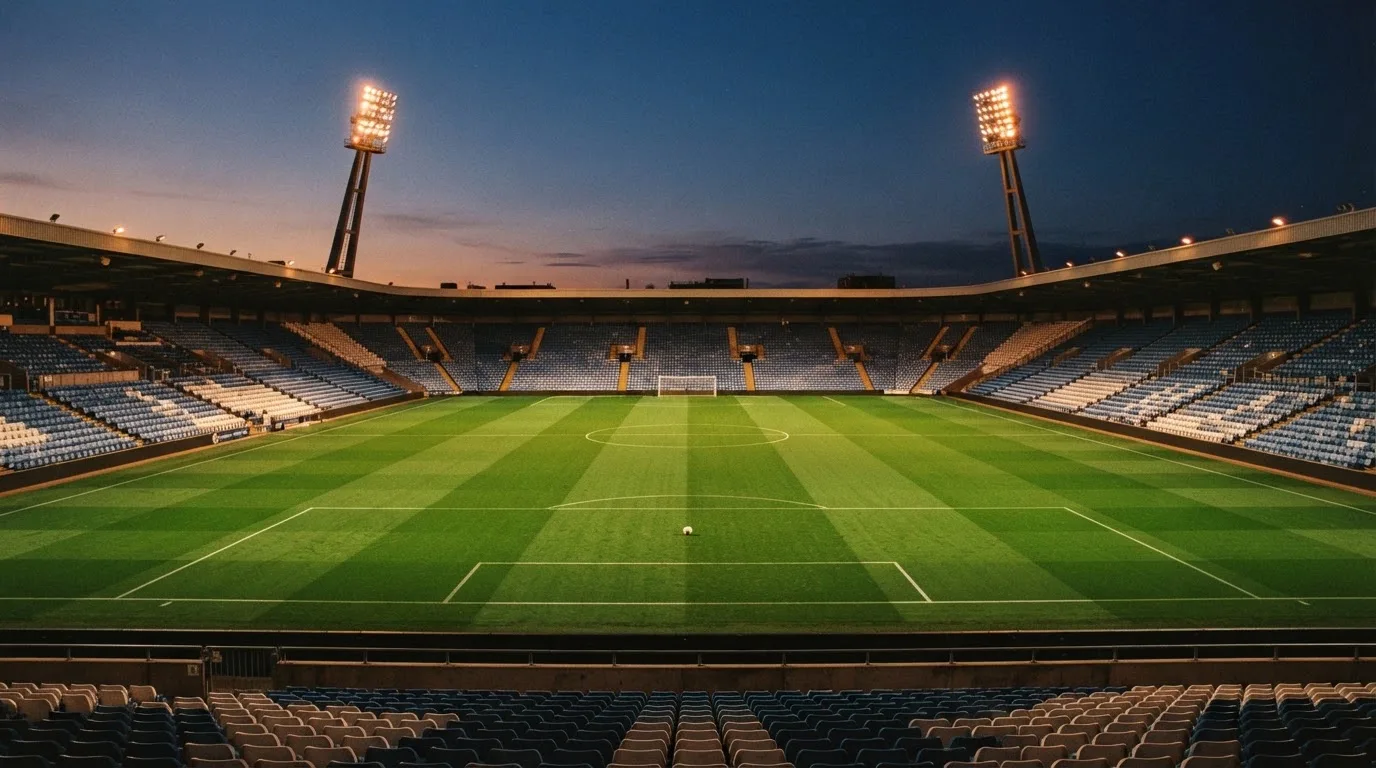 An empty football stadium with floodlight masts at dusk