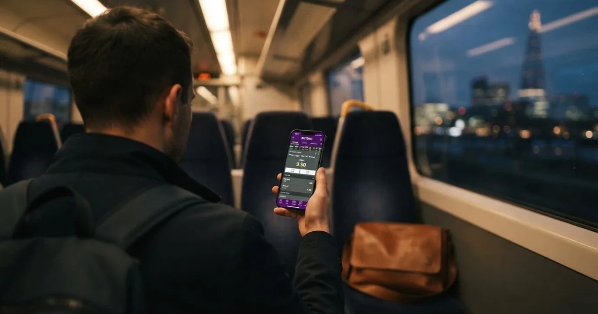 A hand holding a smartphone on a train in the evening, screen turned away