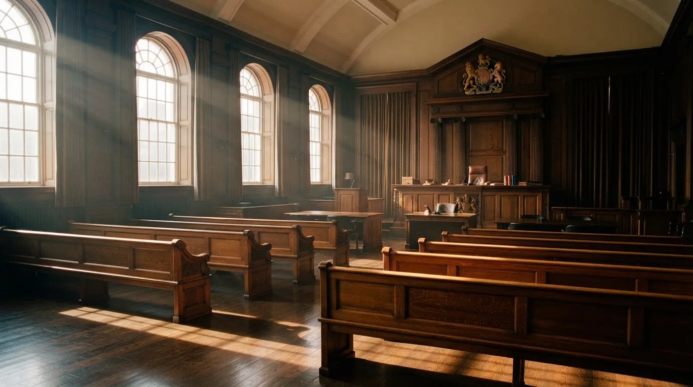 An empty courtroom with wooden benches in morning light
