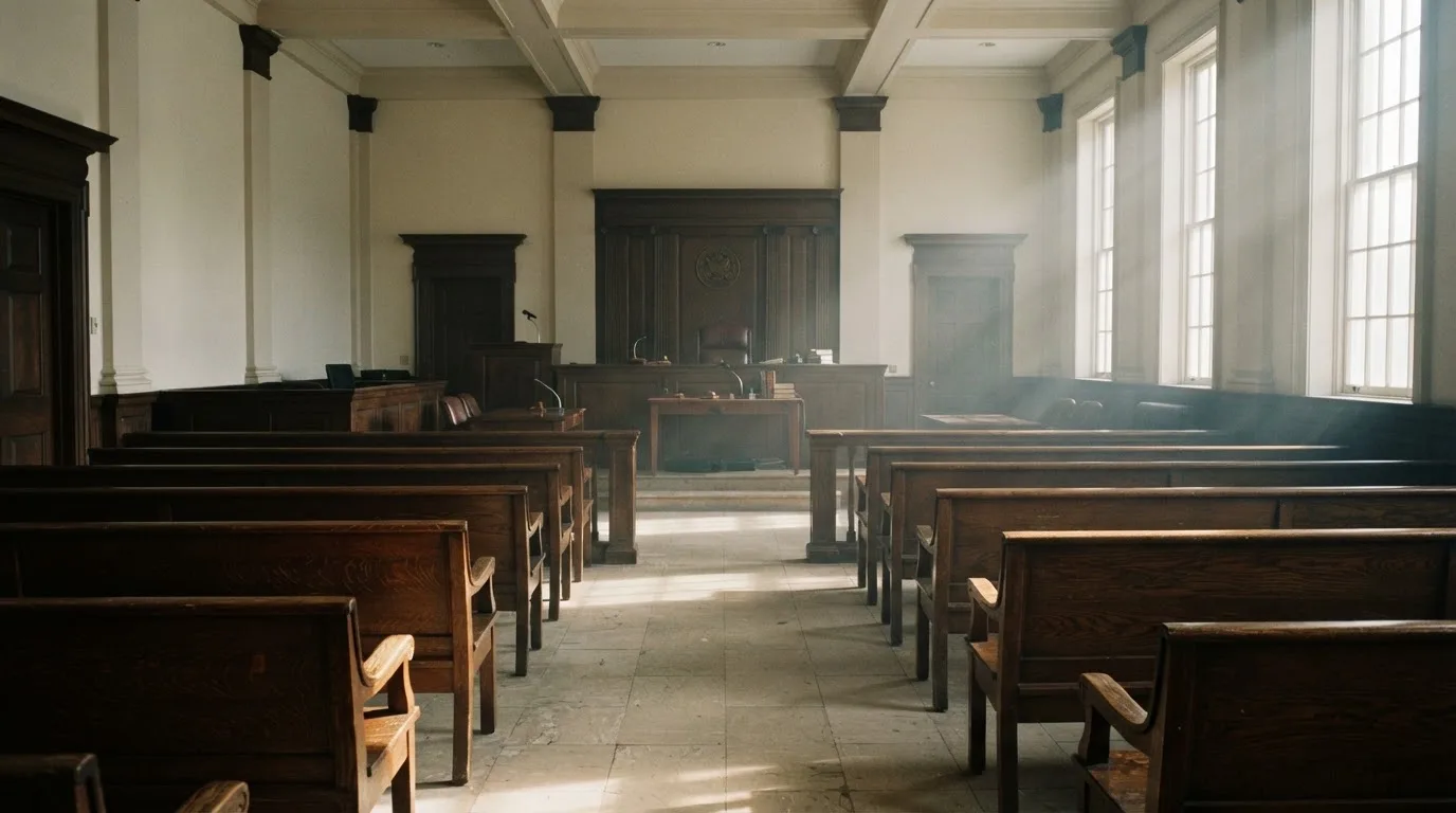 An empty courtroom with wooden benches in morning light