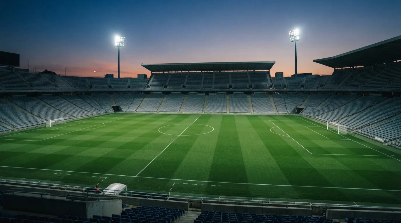 An empty football stadium with floodlight masts at dusk
