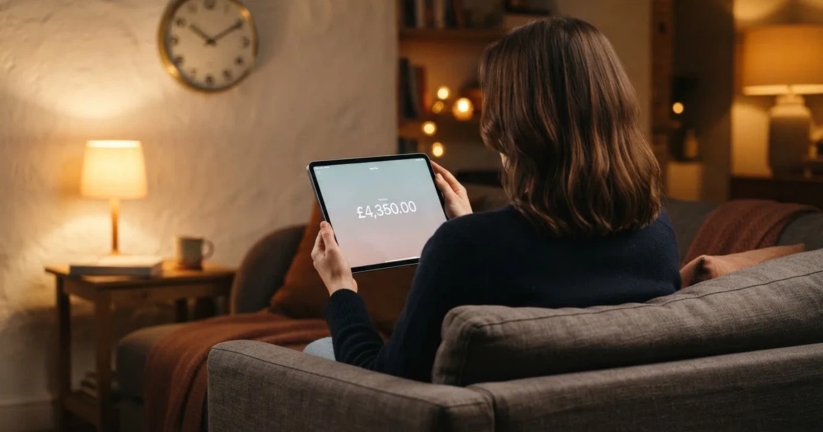 A person on a sofa looking thoughtfully at a tablet, a wall clock in the background