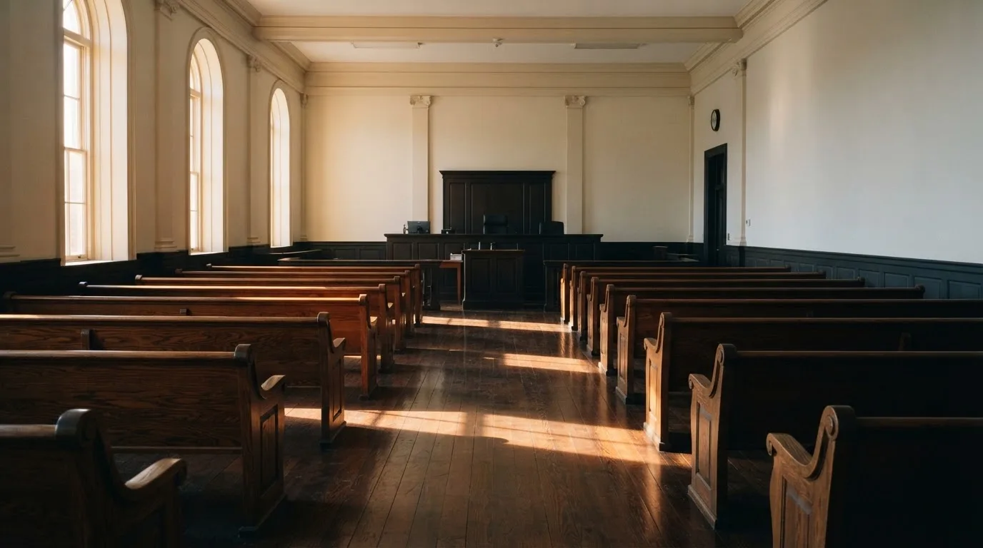 An empty courtroom with wooden benches in morning light