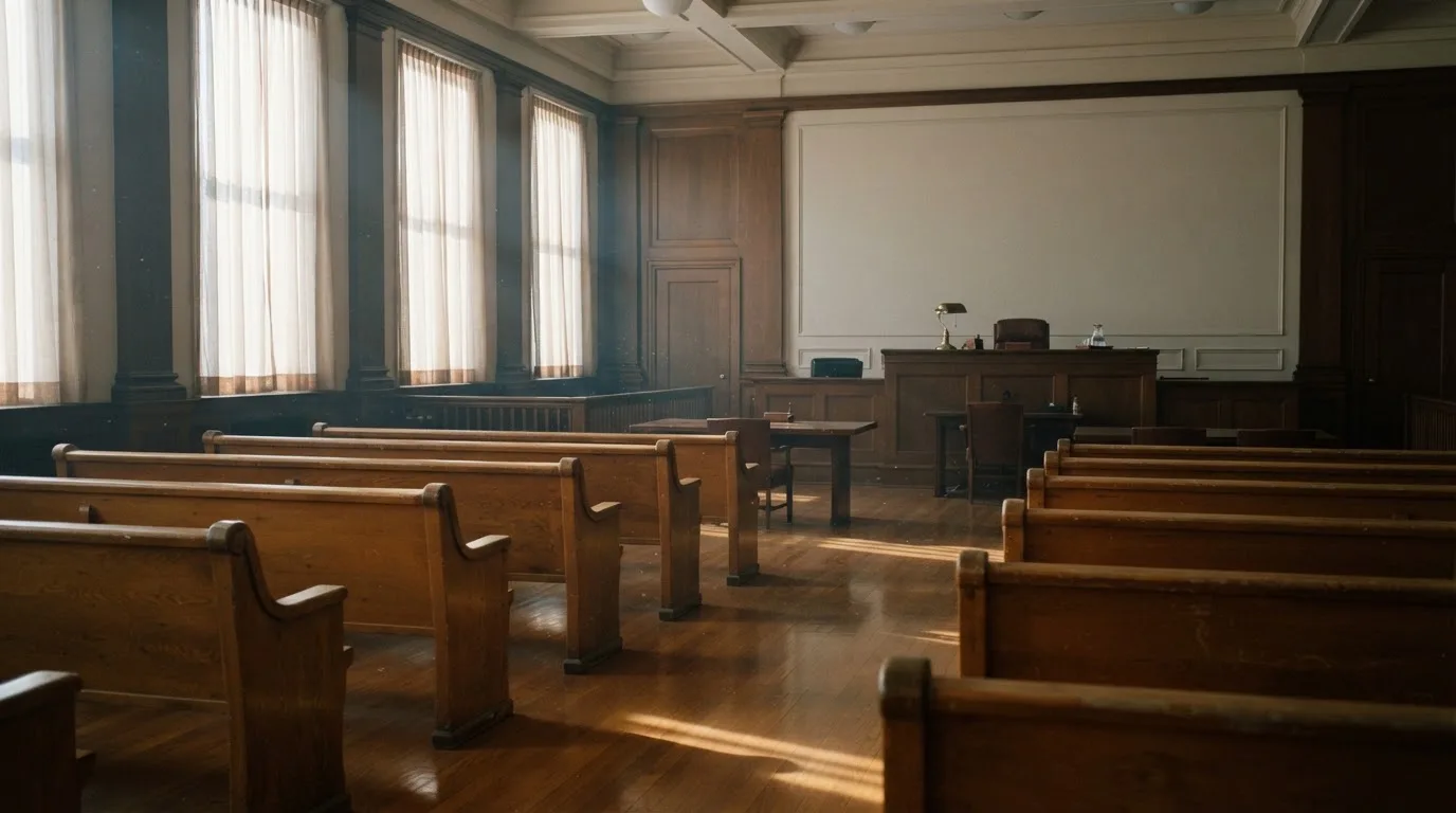 An empty courtroom with wooden benches in morning light