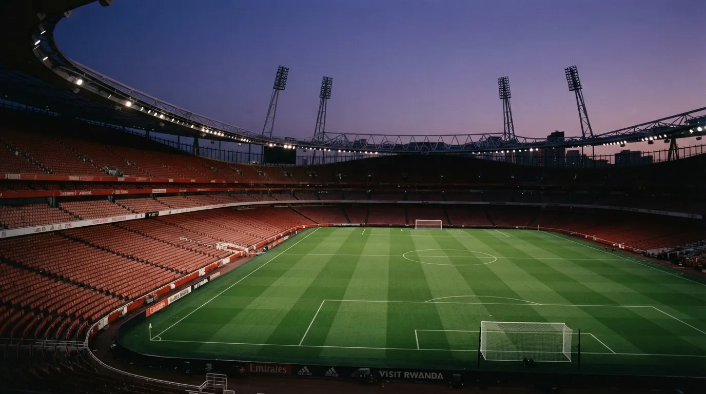 An empty football stadium with floodlight masts at dusk