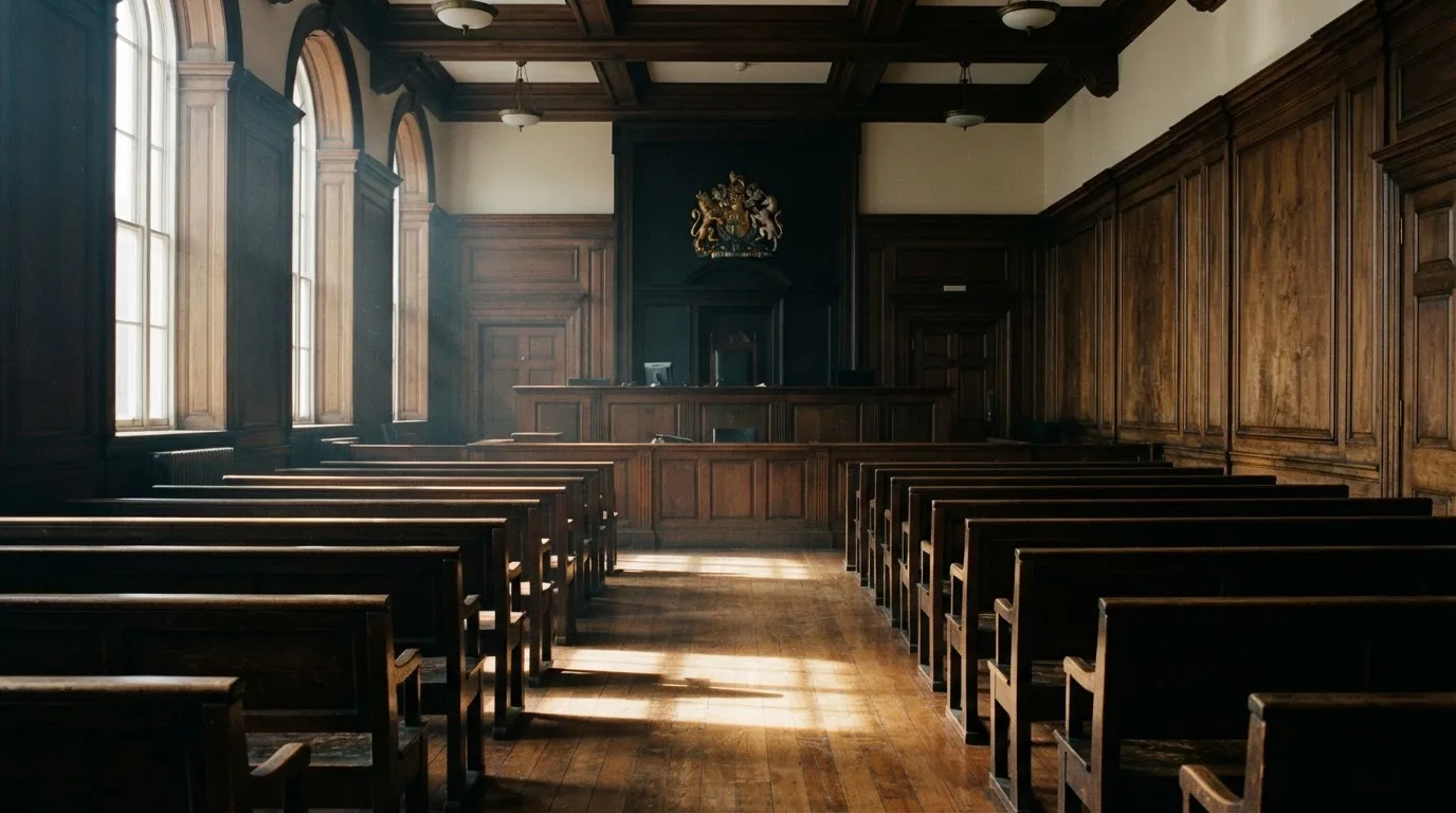 An empty courtroom with wooden benches in morning light