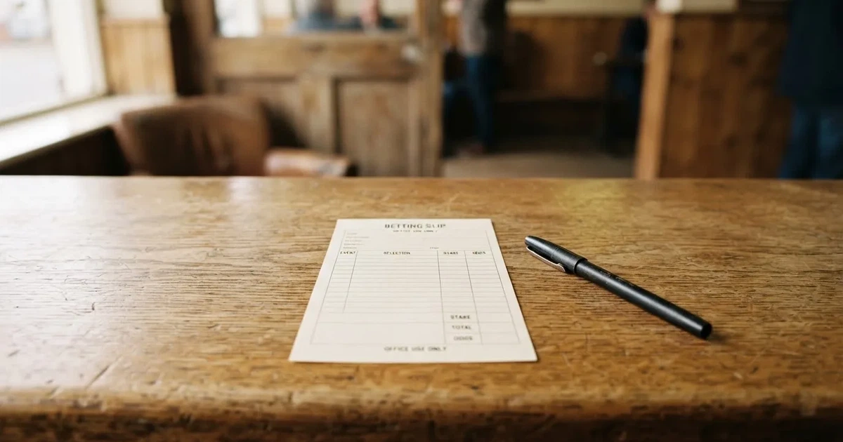 A blank paper betting slip beside a pen on a wooden counter