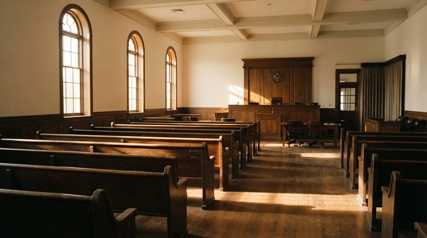 An empty courtroom with wooden benches in morning light