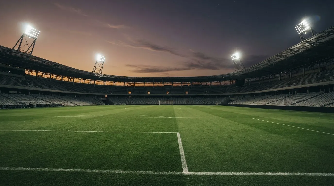 An empty football stadium with floodlight masts at dusk