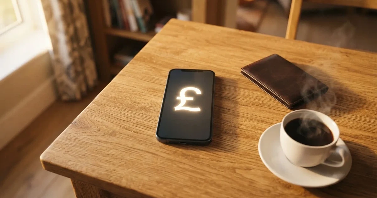 A smartphone on a wooden table beside a wallet and a coffee cup