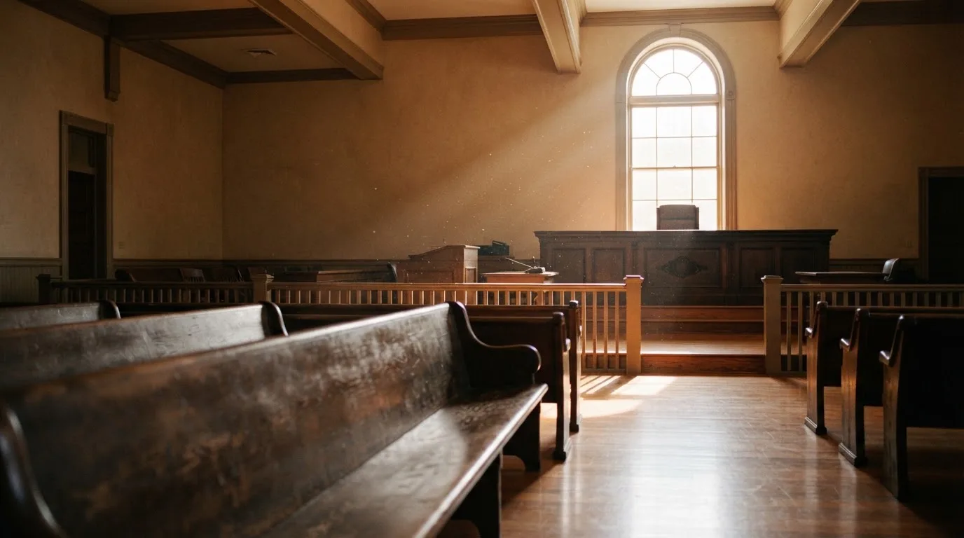 An empty courtroom with wooden benches in morning light