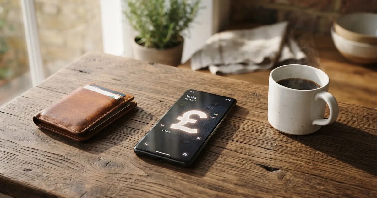 A smartphone on a wooden table beside a wallet and a coffee cup