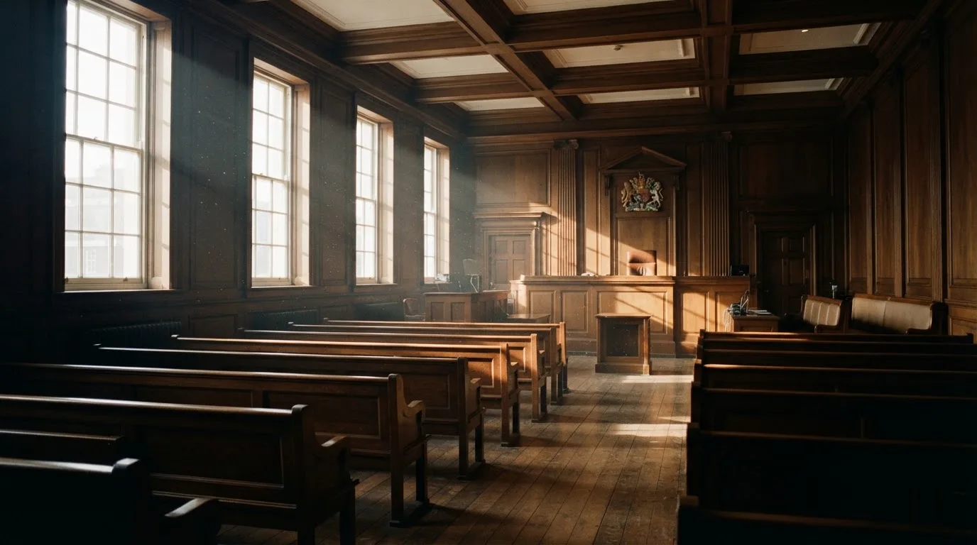 An empty courtroom with wooden benches in morning light