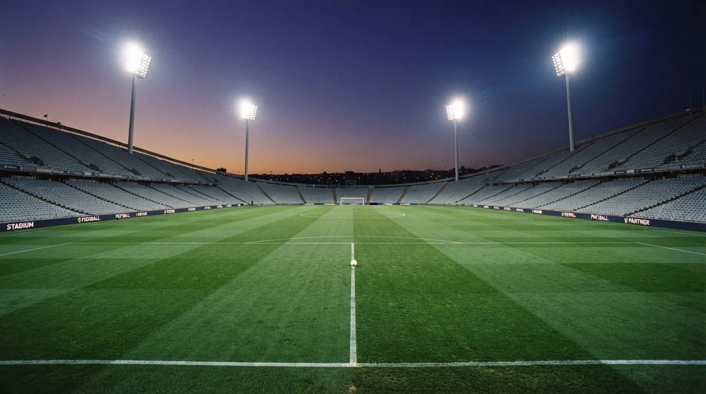 An empty football stadium with floodlight masts at dusk