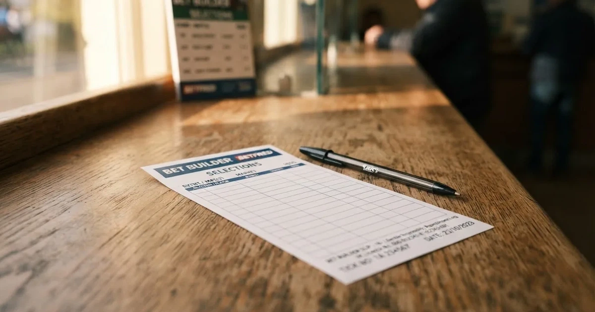 A blank paper betting slip beside a pen on a wooden counter