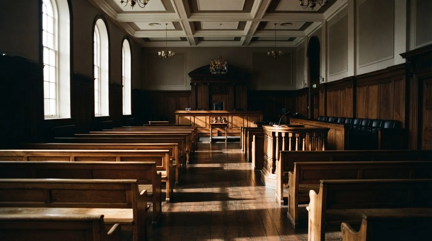 An empty courtroom with wooden benches in morning light