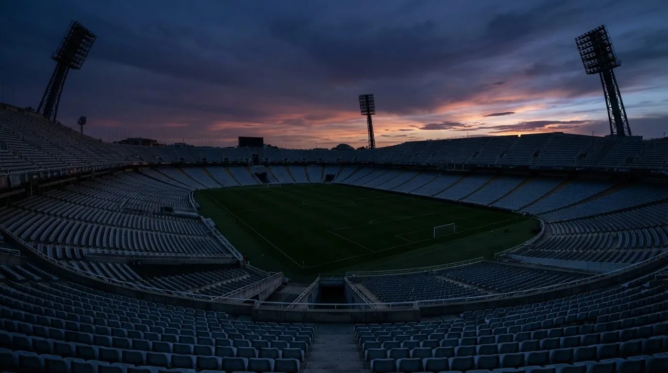 An empty football stadium with floodlight masts at dusk