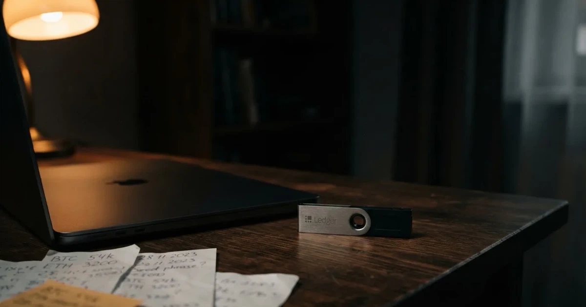 A hardware wallet and a closed laptop on a desk in dim light