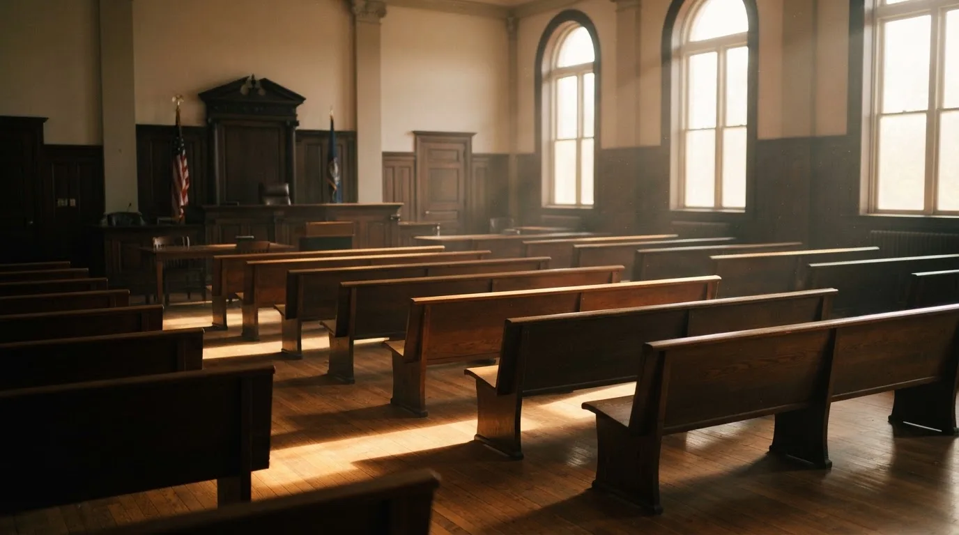 An empty courtroom with wooden benches in morning light