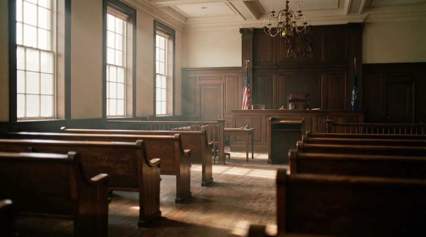 An empty courtroom with wooden benches in morning light