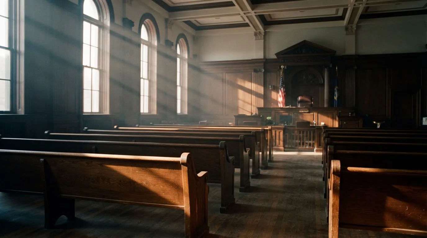 An empty courtroom with wooden benches in morning light